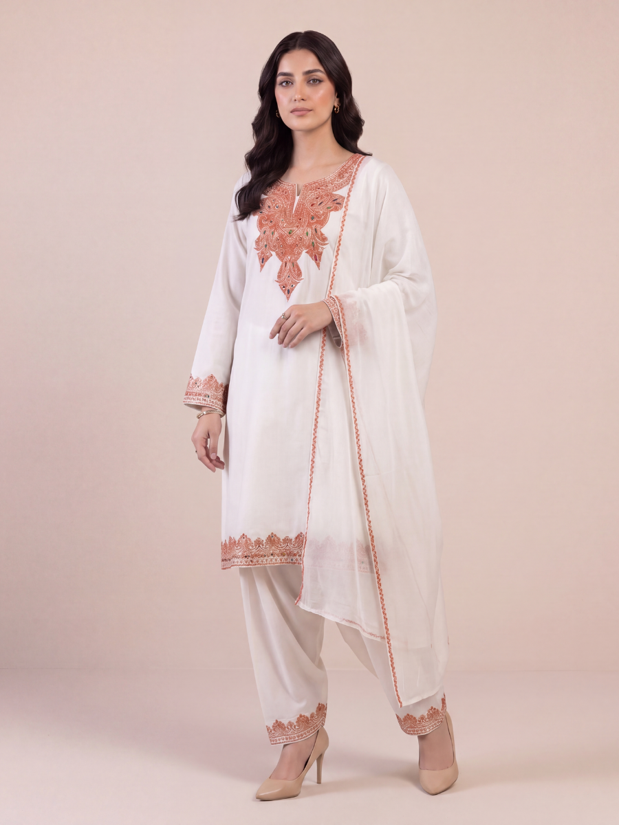 Kashmiri Botti Tilla 3 Piece Unstitched Suites | Off White